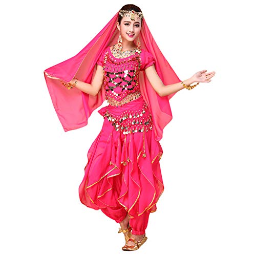 Xinvivion Mujer Danza del Vientre Set - Halloween Carnaval Ropa de Baile Danza India Disfraz Dancewear (Rosa roja,Ajuste 35-45 KG)