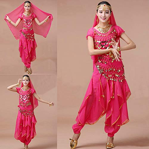 Xinvivion Mujer Danza del Vientre Set - Halloween Carnaval Ropa de Baile Danza India Disfraz Dancewear (Rosa roja,Ajuste 35-45 KG)