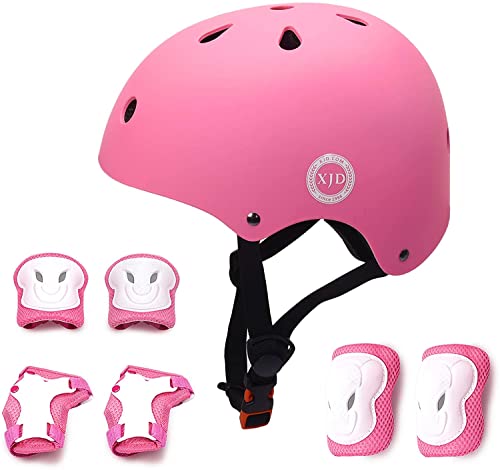 XJD Casco de Ciclismo para Niños y Protecciónes Infantiles Incluye Rodilleras, Coderas y Muñequeras con Certificación CE,Adjustables 7 Piezas para Patínes Patinete Ciclismo Niños de 3 a 8 Años(Rosa S)