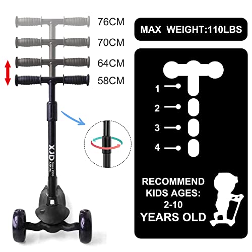 XJD Patinete niño Scooter Desmontable Manillar Ajustable con Cerradura de Dirección con LED Luces Carga Máxima 50kg Patinete de Tres Ruedas para Niños de 2 a 8 Años (Negro)