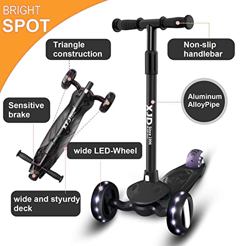 XJD Patinete niño Scooter Desmontable Manillar Ajustable con Cerradura de Dirección con LED Luces Carga Máxima 50kg Patinete de Tres Ruedas para Niños de 2 a 8 Años (Negro)