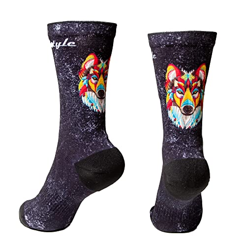 XMTBSTYLE Calcetines de Deporte Largos Coloridos y Divertidos para Ciclismo, Crossfit, Running, Gimnasio, MTB, para hombre y mujer Transpirables. (M (37-41), Lobo)