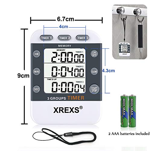 XREXS Temporizador de Cocina Digital 3 Canales, Gran Pantalla LCD Contar Arriba/Abajo, Cronometro Oposiciones Magnético para Fitness, Belleza, Aula, Reunión, Cocina(Baterias Incluidas)