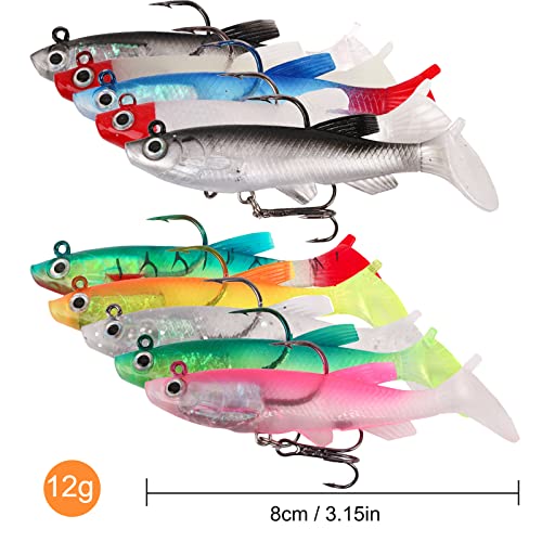 XVZ Set de 10 Peces de Goma, Kit de Conjunto de Cebo con Cabeza de Jig para Lubina Trucha Lucio Pesca en Agua Dulce y Mar(Multicolor)