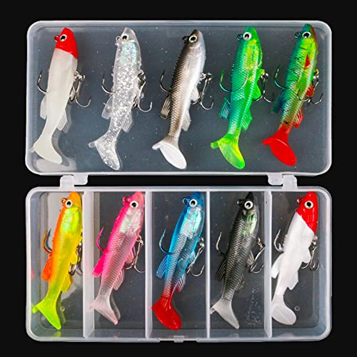 XVZ Set de 10 Peces de Goma, Kit de Conjunto de Cebo con Cabeza de Jig para Lubina Trucha Lucio Pesca en Agua Dulce y Mar(Multicolor)