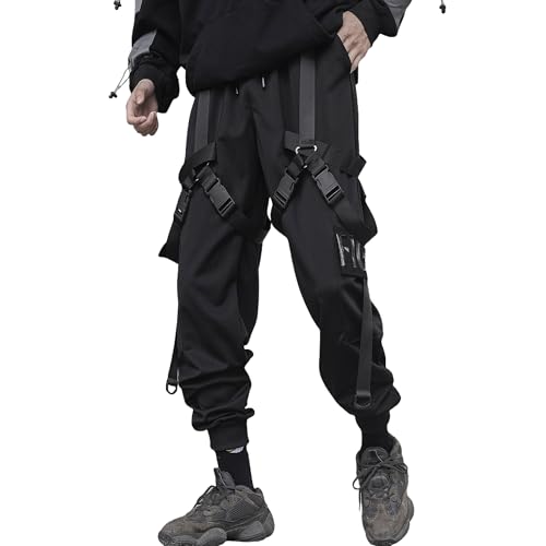 XYXIONGMAO Hombre Joggers Streetwear Hombres Hip Hop Goth Pantalones de chándal Techwear Tactical Negro Tactical Urban Joggers Pantalones, Negro, Small