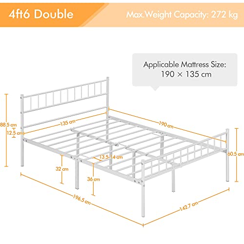 Yaheetech 135 x 190 cm Cama Individual Doble de Metal para Adultos Gran Espacio Moderna Lamas Blanco