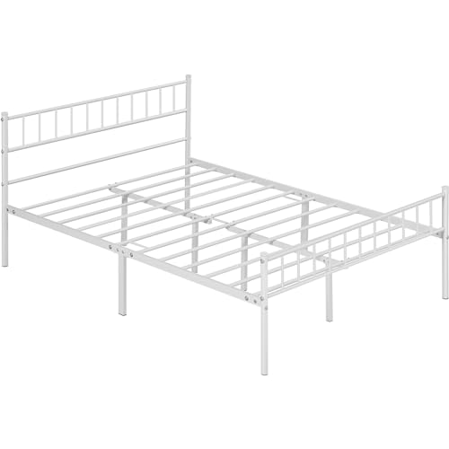 Yaheetech 135 x 190 cm Cama Individual Doble de Metal para Adultos Gran Espacio Moderna Lamas Blanco