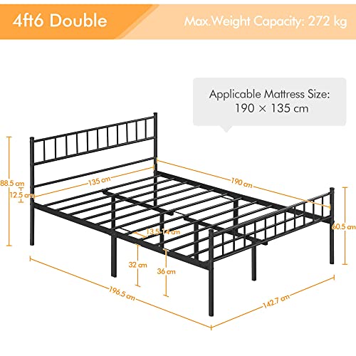 Yaheetech 135 x 190 cm Cama Individual Doble de Metal para Adultos Gran Espacio Moderna Lamas Negras