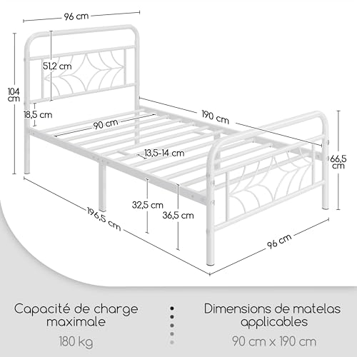 Yaheetech 90 x 190 cm Moderna Cama de Plataforma Metálica Almacenamiento Bajo la Cama Base de Cama Individual Diseño de Estrella Soporte de Listones Sólidos Blanco