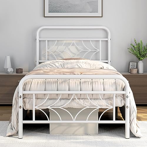 Yaheetech 90 x 190 cm Moderna Cama de Plataforma Metálica Almacenamiento Bajo la Cama Base de Cama Individual Diseño de Estrella Soporte de Listones Sólidos Blanco