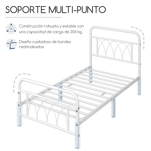 Yaheetech 90 x 190cm Marco de Cama Individual Estructura de Cama Metálico con Amplio Espacio Bajo Estilo Industrial Romántico Base para Colchón Marco Hierro Blanco