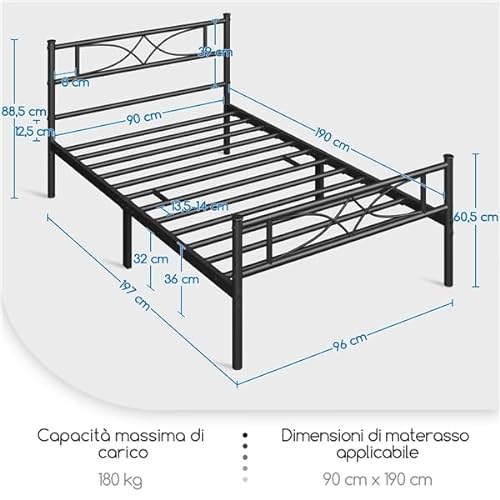 Yaheetech Base de Cama de Metal Marco de Cama de Plataforma con Cabercero Cama Individual con Espacio Bajo de 32 cm Apto para Colchón de 90 x 190 cm Negro Estructura Metálica