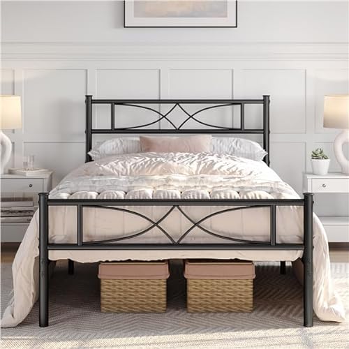 Yaheetech Base de Cama de Metal Marco de Cama de Plataforma con Cabercero Cama Individual con Espacio Bajo de 32 cm Apto para Colchón de 90 x 190 cm Negro Estructura Metálica