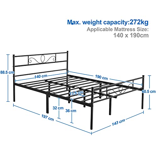 Yaheetech Cama Doble Hierro para Colchón de 135 x 190 cm Estructura Industrial de Metal Negro, Marco Base