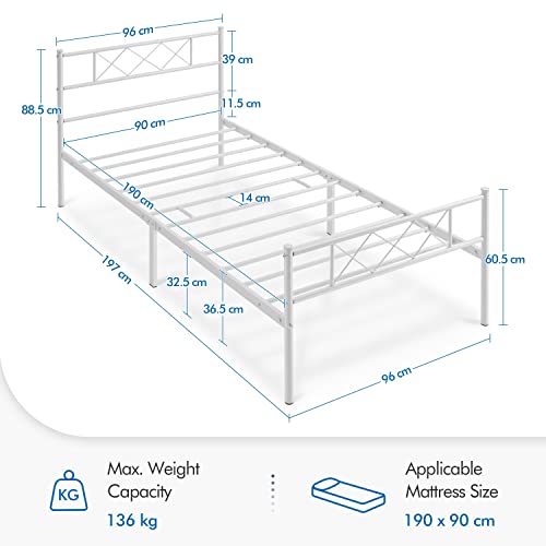 Yaheetech Cama Individual con Espacio Almacenamiento Bajo Marco Metal Altura del Suelo 32 cm Colchón de 90 x 190 cm Blanco