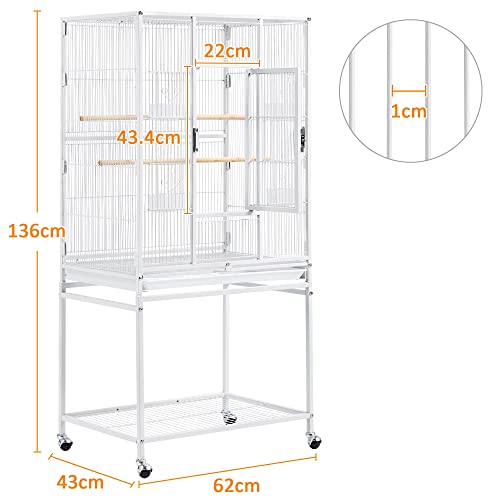 Yaheetech Jaula para Pájaroas Jaula para Loros Mascota Jaula Grande con Soporte Pie Jaula con Ruedas 136 cm Blanco