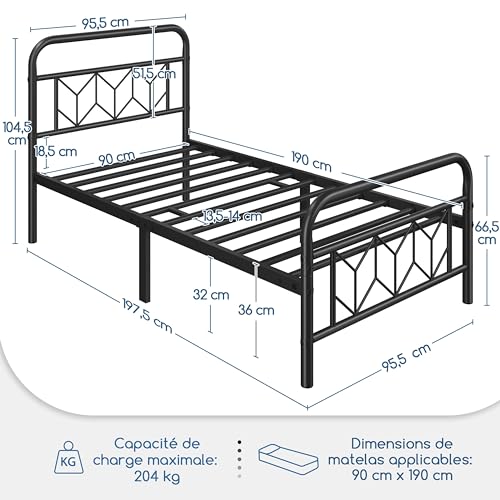 Yaheetech Marco de Cama Individual Adecuado para Colchón de 90x190 cm Estructura Metálica de Cama con Espacio Almacenamiento Estilo Moderno Industrial Negro