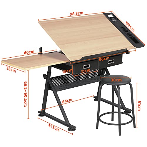 Yaheetech Mesa de Dibujo con Taburetes Mesa Inclinable Madera Mesa Escritorio Altura Ajustable para Oficina Casa 120.5x60x（65-90.5 cm