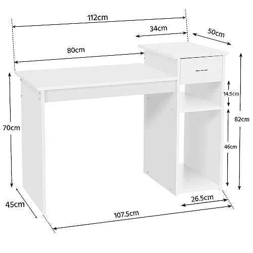 Yaheetech Mesa de Ordenador con Cajon 107,5x50x82cm Escritorio para Oficina con Estantería Escritorio Estilo Moderno para Computadora Blanco Brillo Gran Capacidad de Almacenaje