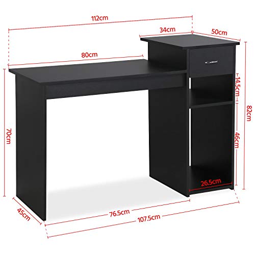 Yaheetech Mesa de Ordenador con Cajon 107,5x50x82cm Escritorio para Oficina con Estantería Escritorio Estilo Moderno para Computadora Negro Brillo Gran Capacidad de Almacenaje,