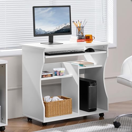 Yaheetech Mesa Escritorio con Ruedas Mesa de Oficina con Bandeja Extraíble Blanca 80x48x76 cm Escritorio Ordenador ​con Cajones para PC Impresora Despacho Estudio Blanco