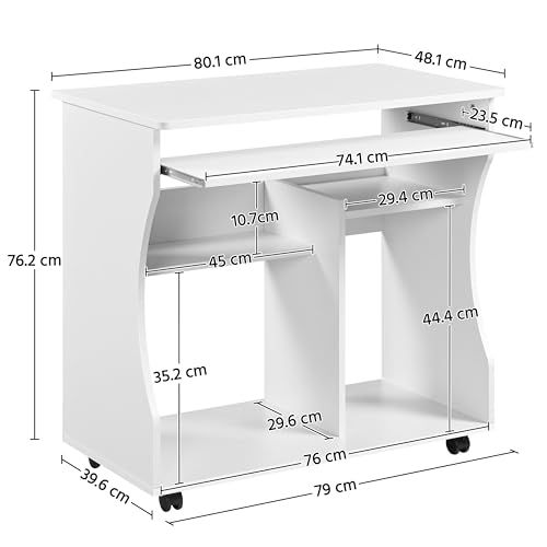 Yaheetech Mesa Escritorio con Ruedas Mesa de Oficina con Bandeja Extraíble Blanca 80x48x76 cm Escritorio Ordenador ​con Cajones para PC Impresora Despacho Estudio Blanco