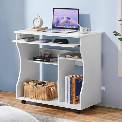 Yaheetech Mesa Escritorio con Ruedas Mesa de Oficina con Bandeja Extraíble Blanca 80x48x76 cm Escritorio Ordenador ​con Cajones para PC Impresora Despacho Estudio Blanco