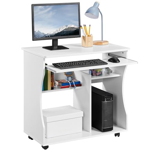 Yaheetech Mesa Escritorio con Ruedas Mesa de Oficina con Bandeja Extraíble Blanca 80x48x76 cm Escritorio Ordenador ​con Cajones para PC Impresora Despacho Estudio Blanco