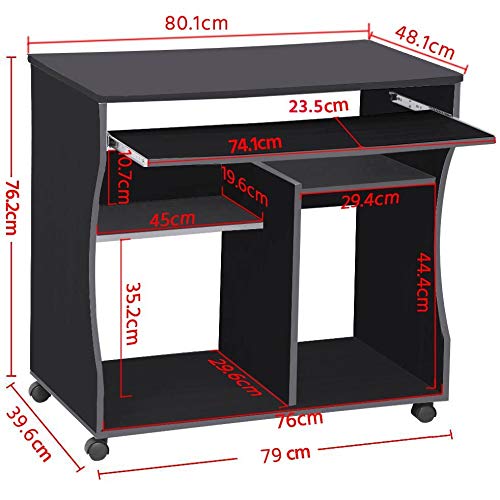 Yaheetech Mesa Escritorio con Ruedas Mesa de Oficina con Bandeja Extraíble Blanca 80x48x76 cm Escritorio Ordenador ​con Cajones para PC Impresora Despacho Estudio Negro