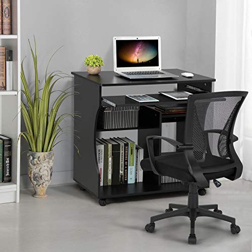 Yaheetech Mesa Escritorio con Ruedas Mesa de Oficina con Bandeja Extraíble Blanca 80x48x76 cm Escritorio Ordenador ​con Cajones para PC Impresora Despacho Estudio Negro