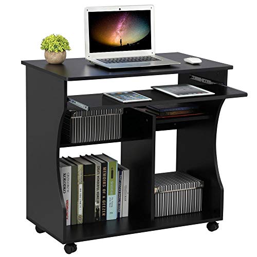 Yaheetech Mesa Escritorio con Ruedas Mesa de Oficina con Bandeja Extraíble Blanca 80x48x76 cm Escritorio Ordenador ​con Cajones para PC Impresora Despacho Estudio Negro