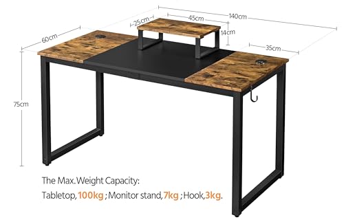 Yaheetech Mesa Escritorio con Soporte Monitor Mesa de Ordenador de Estilo Industrial Mesa Oficina Estudio con 2 Ojales para Cables/Gancho Marrón Rústico 140x60x89cm