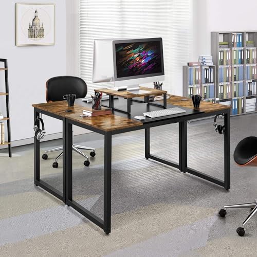 Yaheetech Mesa Escritorio con Soporte Monitor Mesa de Ordenador de Estilo Industrial Mesa Oficina Estudio con 2 Ojales para Cables/Gancho Marrón Rústico 140x60x89cm