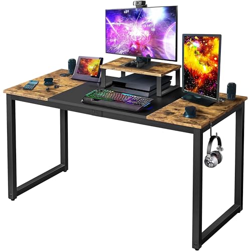 Yaheetech Mesa Escritorio con Soporte Monitor Mesa de Ordenador de Estilo Industrial Mesa Oficina Estudio con 2 Ojales para Cables/Gancho Marrón Rústico 140x60x89cm