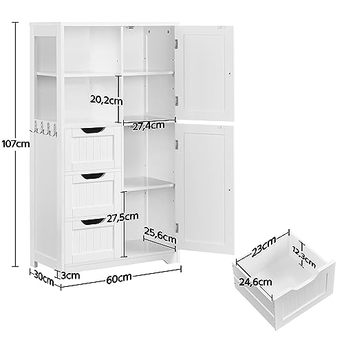 Yaheetech Mueble Baño de Madera Armario Baño con 3 Cajones y Estante Ajustable Armario Multiusos con Puertas para Salón Entrada Blanco 60x30x107 cm