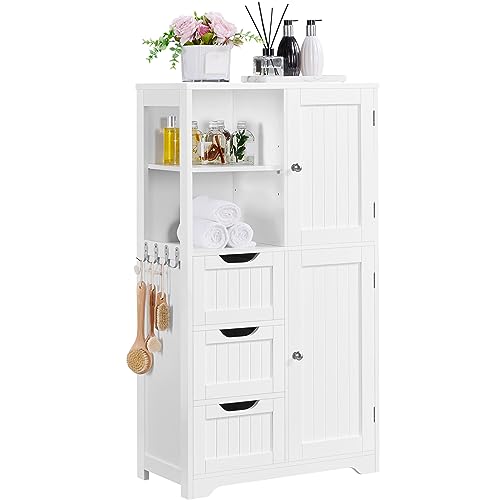 Yaheetech Mueble Baño de Madera Armario Baño con 3 Cajones y Estante Ajustable Armario Multiusos con Puertas para Salón Entrada Blanco 60x30x107 cm