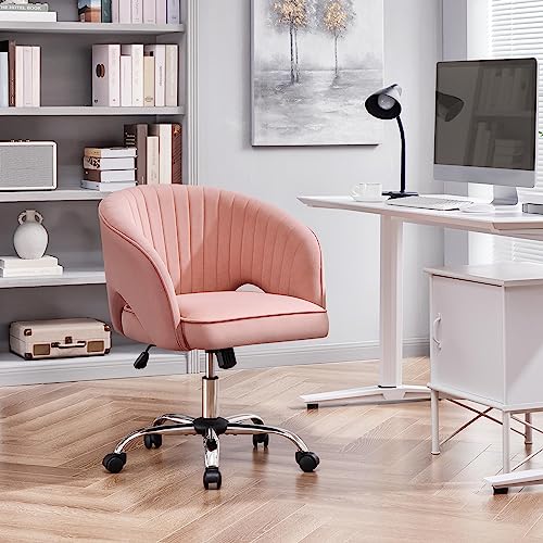 Yaheetech Silla de Oficina Silla Terciopelo Silla con Rudas Sillon para Trabajo Silla Altura Ajustable Tapizada de Terciopelo Rosa