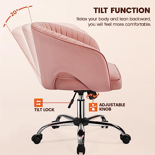 Yaheetech Silla de Oficina Silla Terciopelo Silla con Rudas Sillon para Trabajo Silla Altura Ajustable Tapizada de Terciopelo Rosa