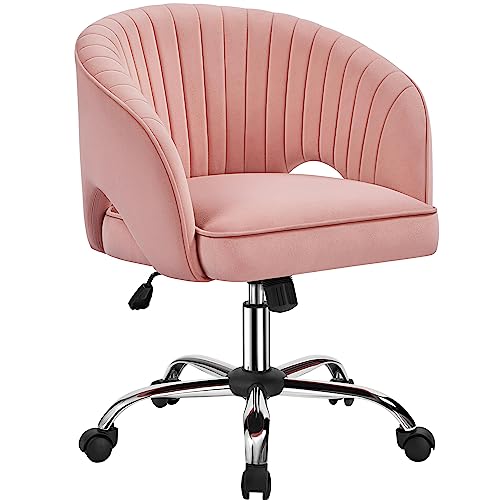 Yaheetech Silla de Oficina Silla Terciopelo Silla con Rudas Sillon para Trabajo Silla Altura Ajustable Tapizada de Terciopelo Rosa