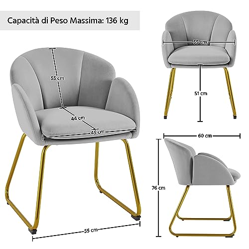 Yaheetech Silla Tapizada Terciopelo, Pata Metal Sillon Terciopelo Sala de Estar Dormitorio Comedor Cocina Gris