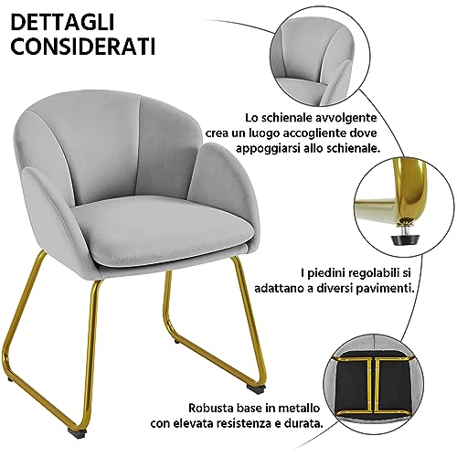 Yaheetech Silla Tapizada Terciopelo, Pata Metal Sillon Terciopelo Sala de Estar Dormitorio Comedor Cocina Gris