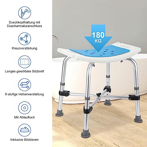 Yakimz Taburete de Ducha para Personas Mayores, Altura Regulable, Silla de Ducha con viga Transversal Doble Reforzada y Alfombrilla, Taburete de baño, Asiento de Ducha, Asiento de bañera, hasta 180kg