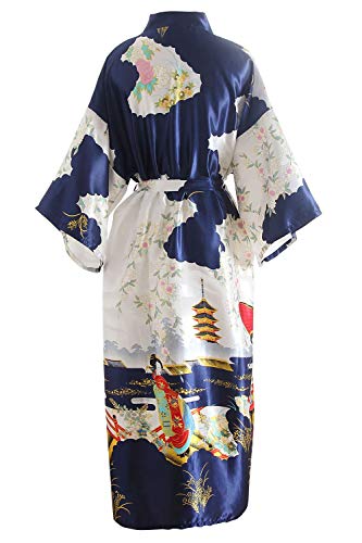 YAOMEI Novia Mujer Vestido Kimono Satén, Camisón para Mujer, Sedoso Flores de Geisha Robe Albornoz Dama de Honor Ropa de Dormir Pijama, S-2XL (Busto: 126cm, de S a 2XL., Azul)