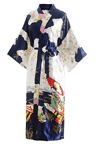 YAOMEI Novia Mujer Vestido Kimono Satén, Camisón para Mujer, Sedoso Flores de Geisha Robe Albornoz Dama de Honor Ropa de Dormir Pijama, S-2XL (Busto: 126cm, de S a 2XL., Azul)