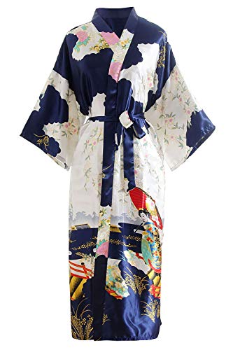 YAOMEI Novia Mujer Vestido Kimono Satén, Camisón para Mujer, Sedoso Flores de Geisha Robe Albornoz Dama de Honor Ropa de Dormir Pijama, S-2XL (Busto: 126cm, de S a 2XL., Azul)