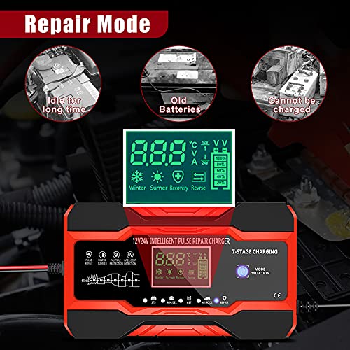 YDBAO Cargador Baterias Coches Moto 12V/24V 10A Inteligente Completamente Automático con Pantalla Táctil LCD y Múltiples Protecciones para Plomo-ácido/AGM/Gel/EFB