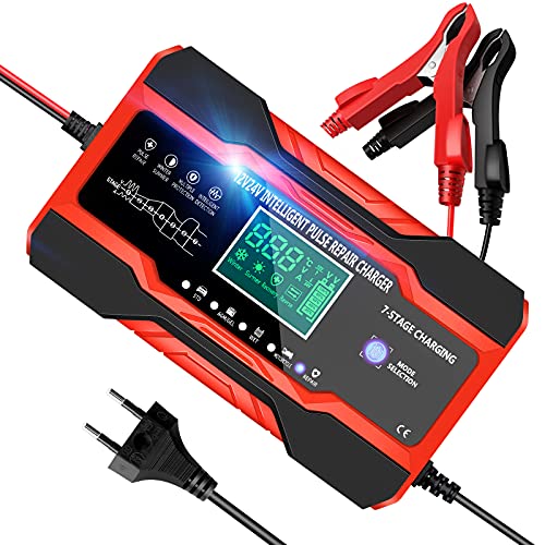 YDBAO Cargador Baterias Coches Moto 12V/24V 10A Inteligente Completamente Automático con Pantalla Táctil LCD y Múltiples Protecciones para Plomo-ácido/AGM/Gel/EFB