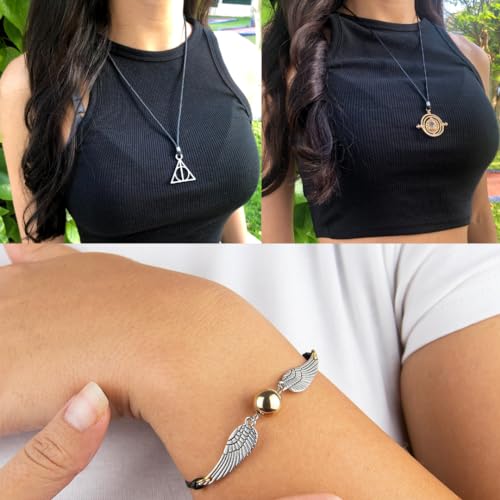 YENLY Colgante Hary Reliquias de la Muerte Collar Giratempo Hermion Pulsera Snith Dorada Collares Hary Colgante Reloj de Arena Pack Collares Hary con Pulsera Bola Dorada Cosplay