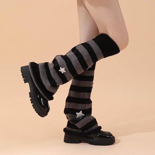 Yeooa Calentadores Hip Hop Punk para Mujer Calcetines largos de punto con estampado de estrellas para chicas adolescentes Y2k Fashion Harajuku Kawaii Warm Socks College Style (Negro Gris,Un tamaño)